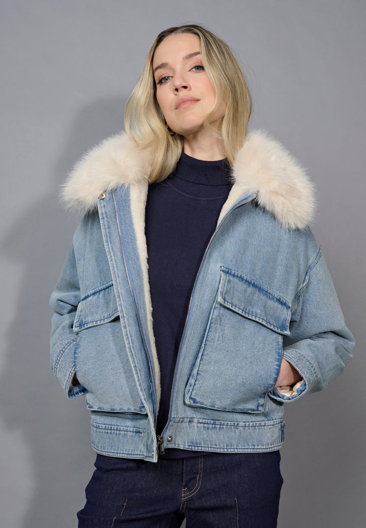 Faux-Fur Trim Zip-Front Denim Jacket | Shop Now | Picadilly Canada