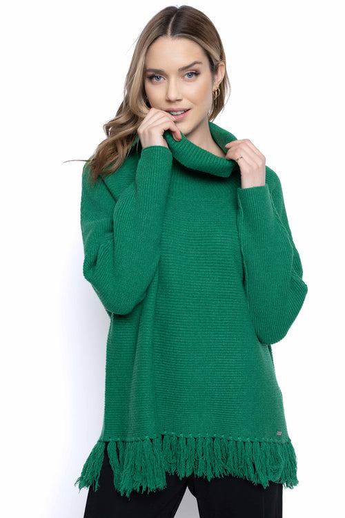 Fringe Hem Sweater Top Front View Emerald