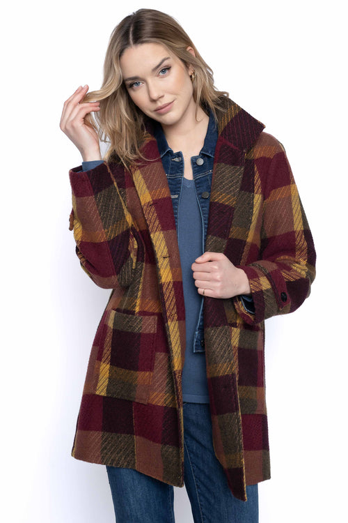 Button-Front Stand Collar Plaid Jacket Front View