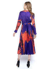 Long Sleeve Faux Wrap Pleated Dress Back View