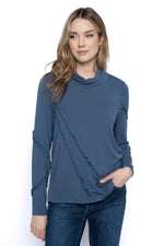 Twisted Mock Neck Ruffle Trim Top Front View