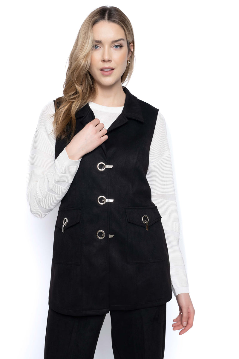Belted Vest With Pockets Front View Black