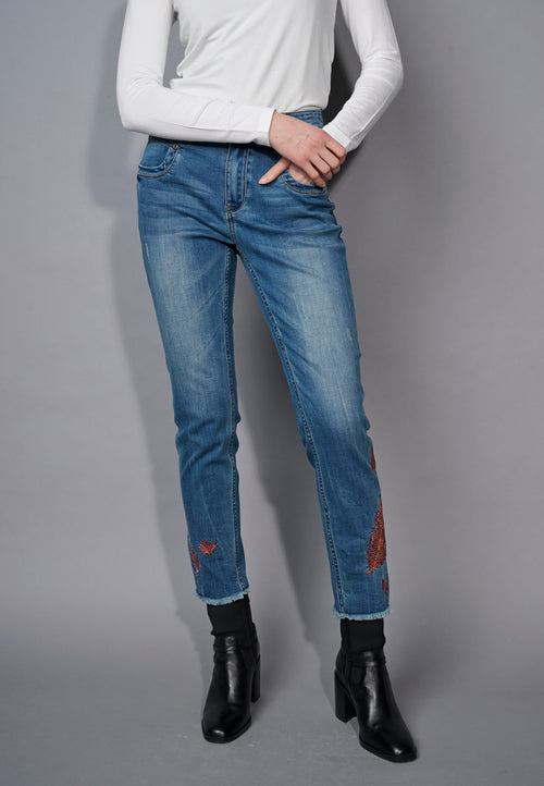 Flower Embellished Ankle-Length Jeans Front View