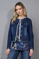 Collarless Frayed Edge Denim Jacket