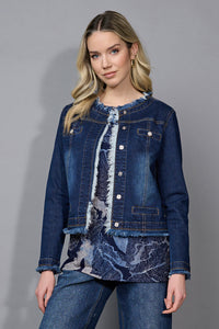 Collarless Frayed Edge Denim Jacket
