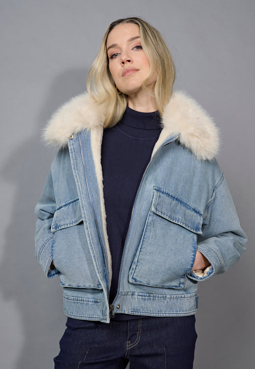 Faux-Fur Trim Zip-Front Denim Jacket Front View