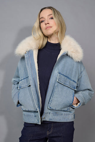 Faux-Fur Trim Zip-Front Denim Jacket | Shop Now | Picadilly Canada