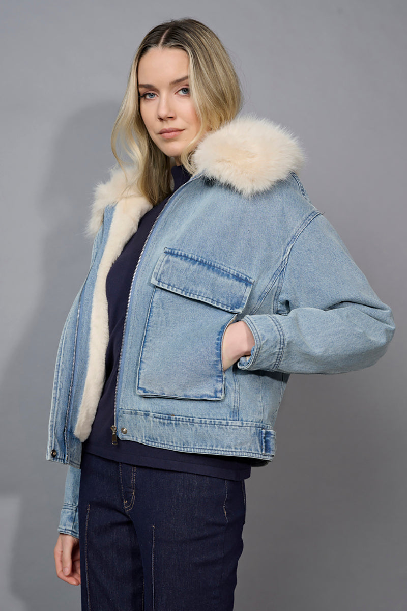 Faux-Fur Trim Zip-Front Denim Jacket | Shop Now | Picadilly Canada