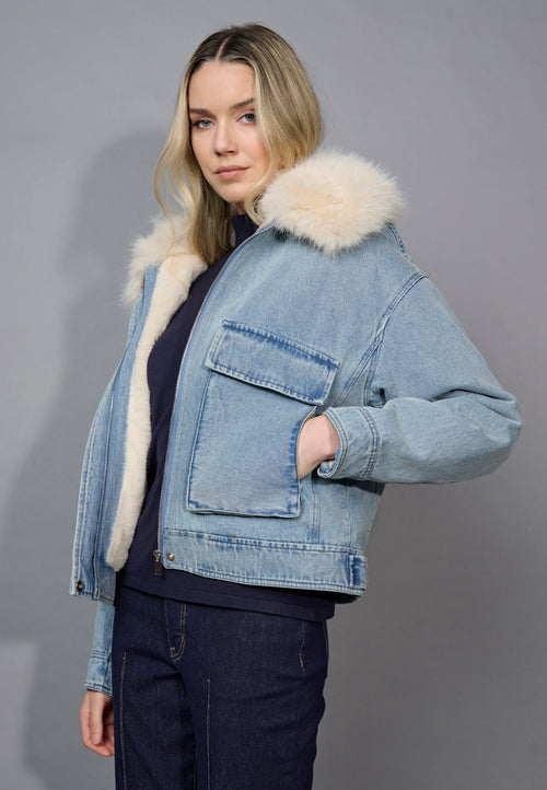 Faux-Fur Trim Zip-Front Denim Jacket Side View