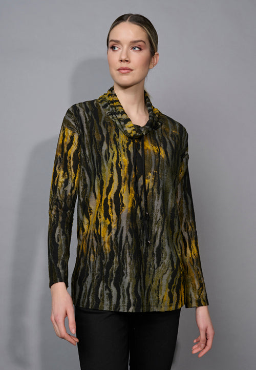 Clipped Jacquard Drawstring Neck Top Front View