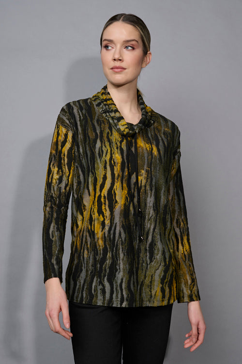 Clipped Jacquard Drawstring Neck Top