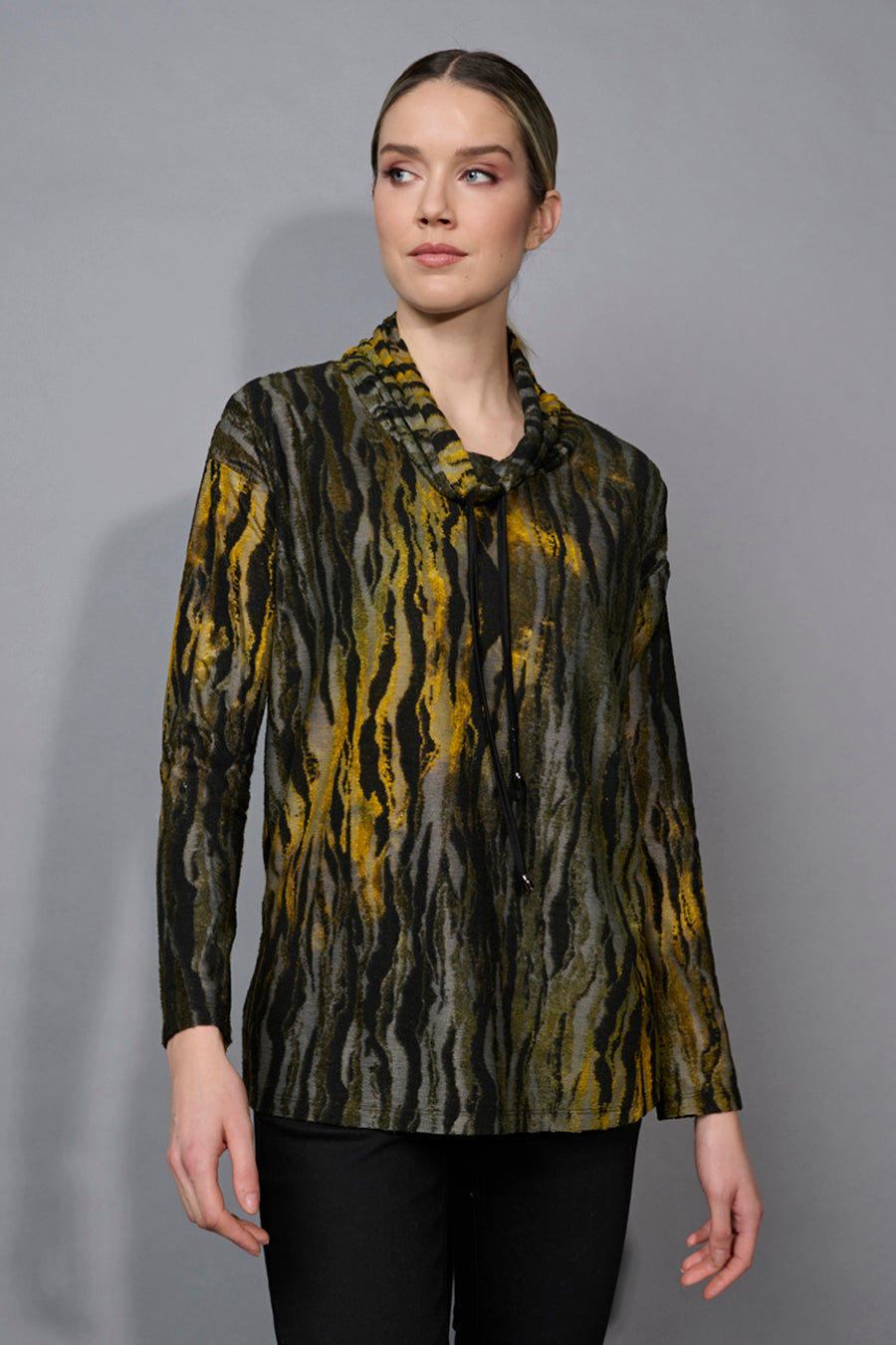 Clipped Jacquard Drawstring Neck Top