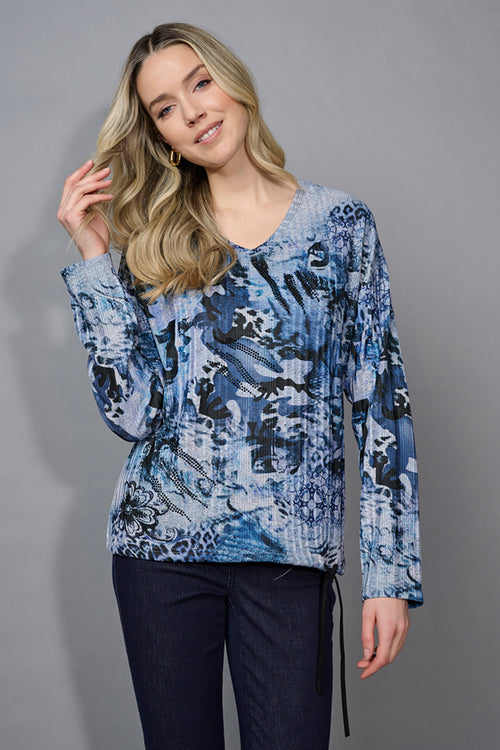 V-Neck Drawstring Hem Printed Top