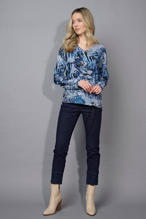 V-Neck Drawstring Hem Printed Top