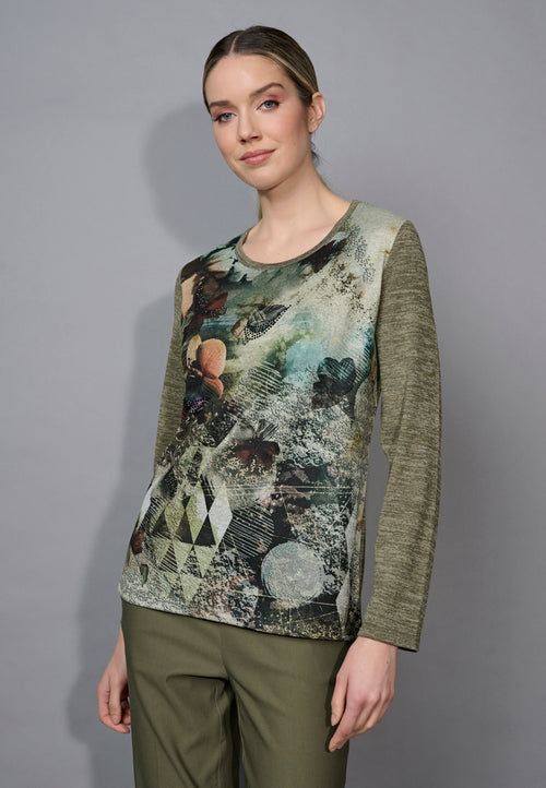Crew-Neck Printed Heather Knit Top Front View