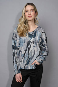V-Neck Drawstring-Hem Embroidered Printed Top