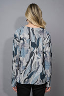 V-Neck Drawstring-Hem Embroidered Printed Top