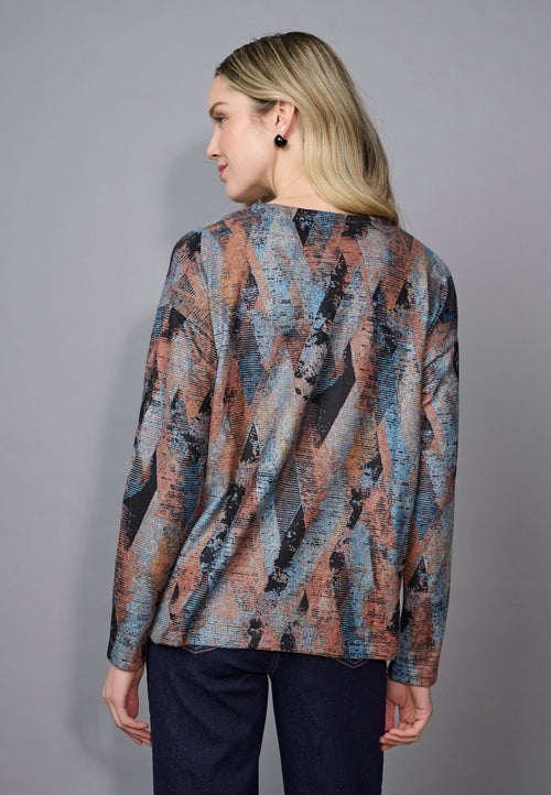 Crew-Neck Heather-Knit Printed Top Back View