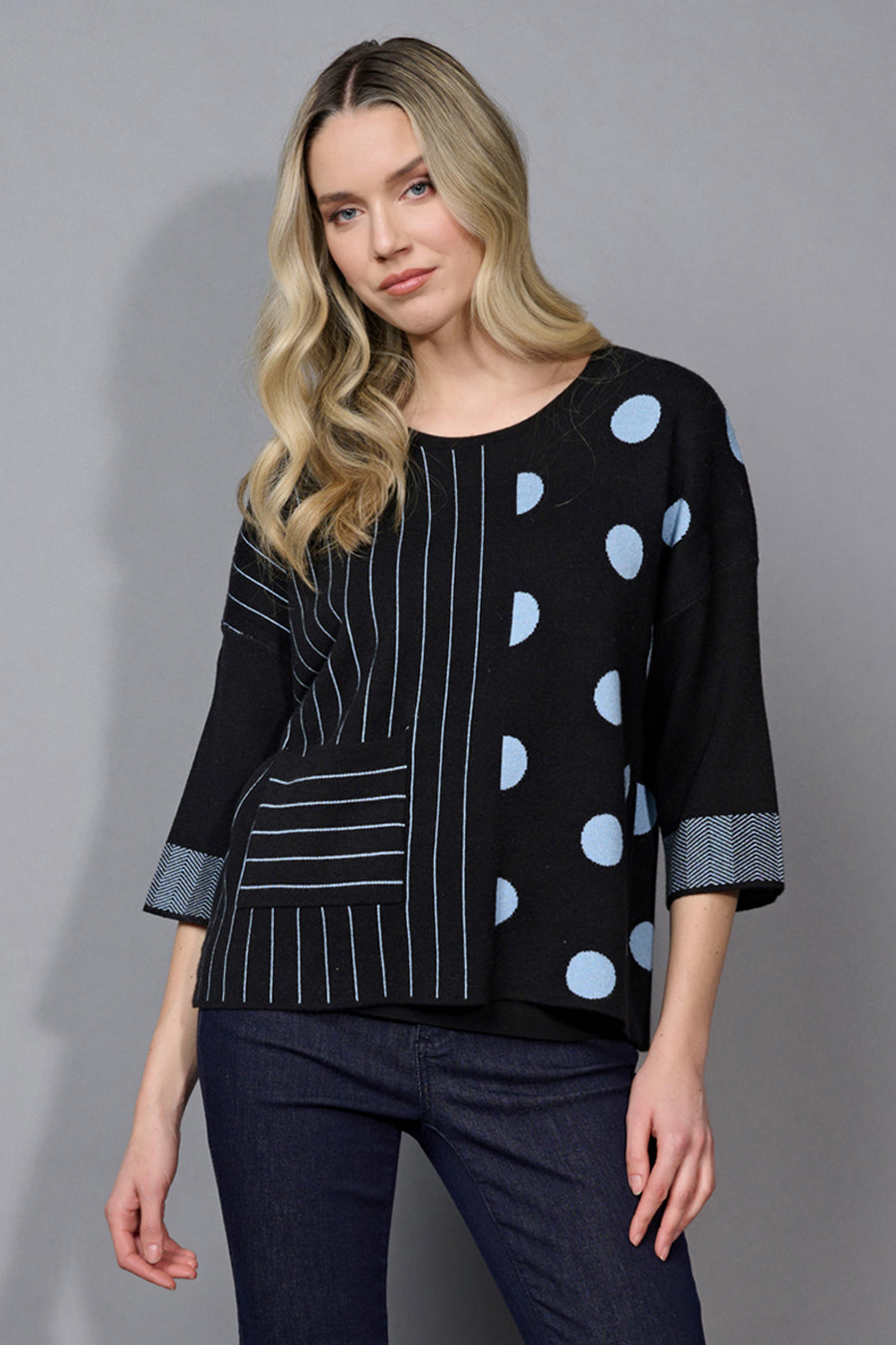 3/4 Sleeves Striped Polka-Dot Top