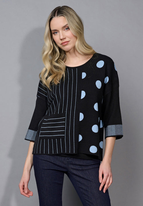 3/4 Sleeves Striped Polka-Dot Top Front View