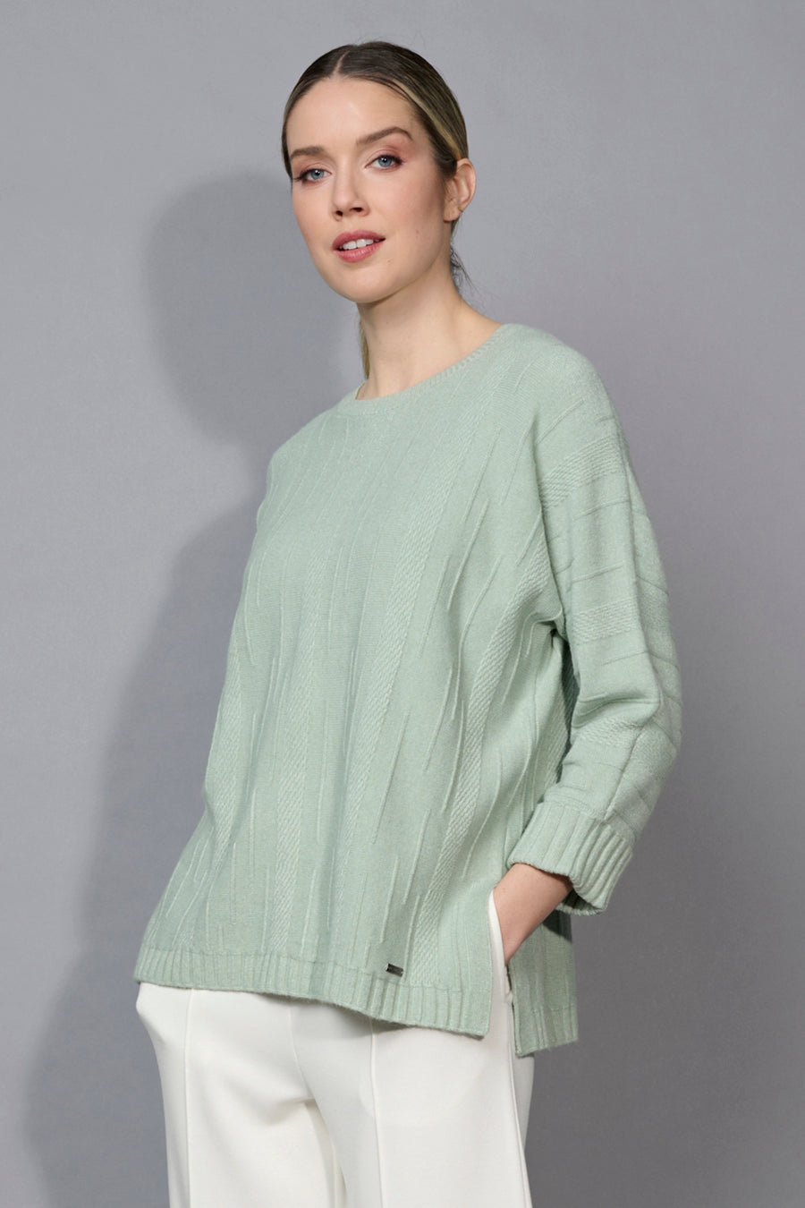 3/4 Sleeves Textured Top With Side Slits