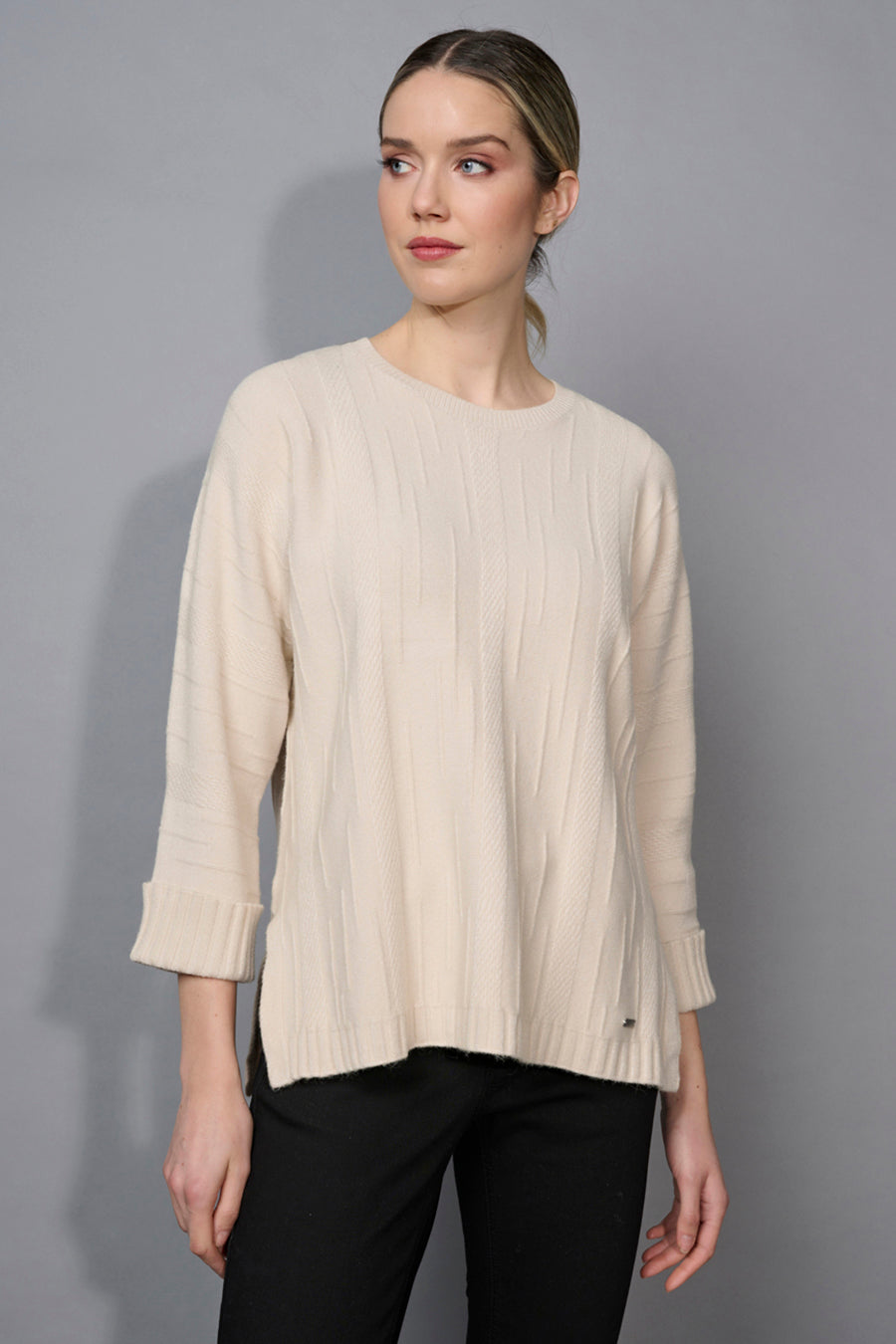 3/4 Sleeves Textured Top With Side Slits