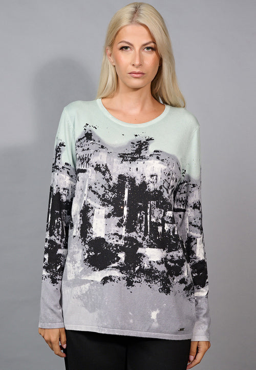 Crew-Neck Sweater-Knit Printed Top