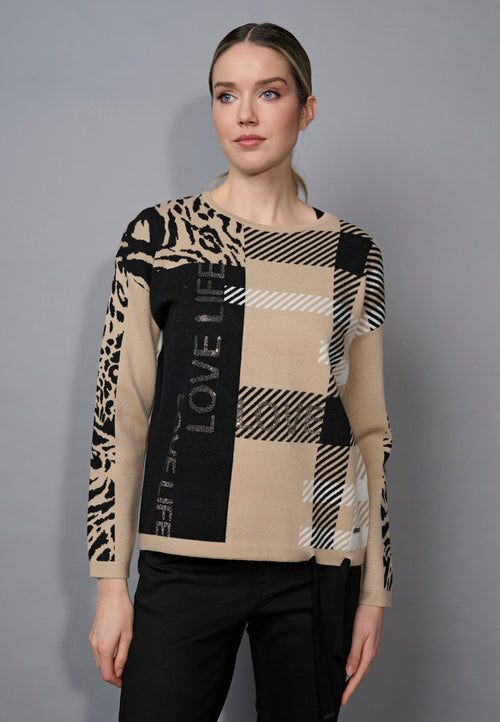 Drawstring Hem Animal Print Jacquard Top Front View