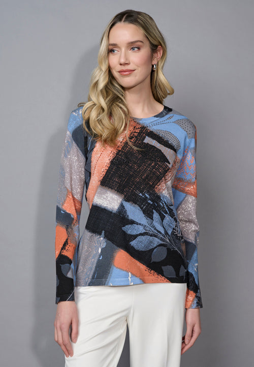 Crew-Neck Leaf-Printed Top Front View