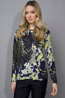 Embellished Crew-Neck Leaf-Printed Top