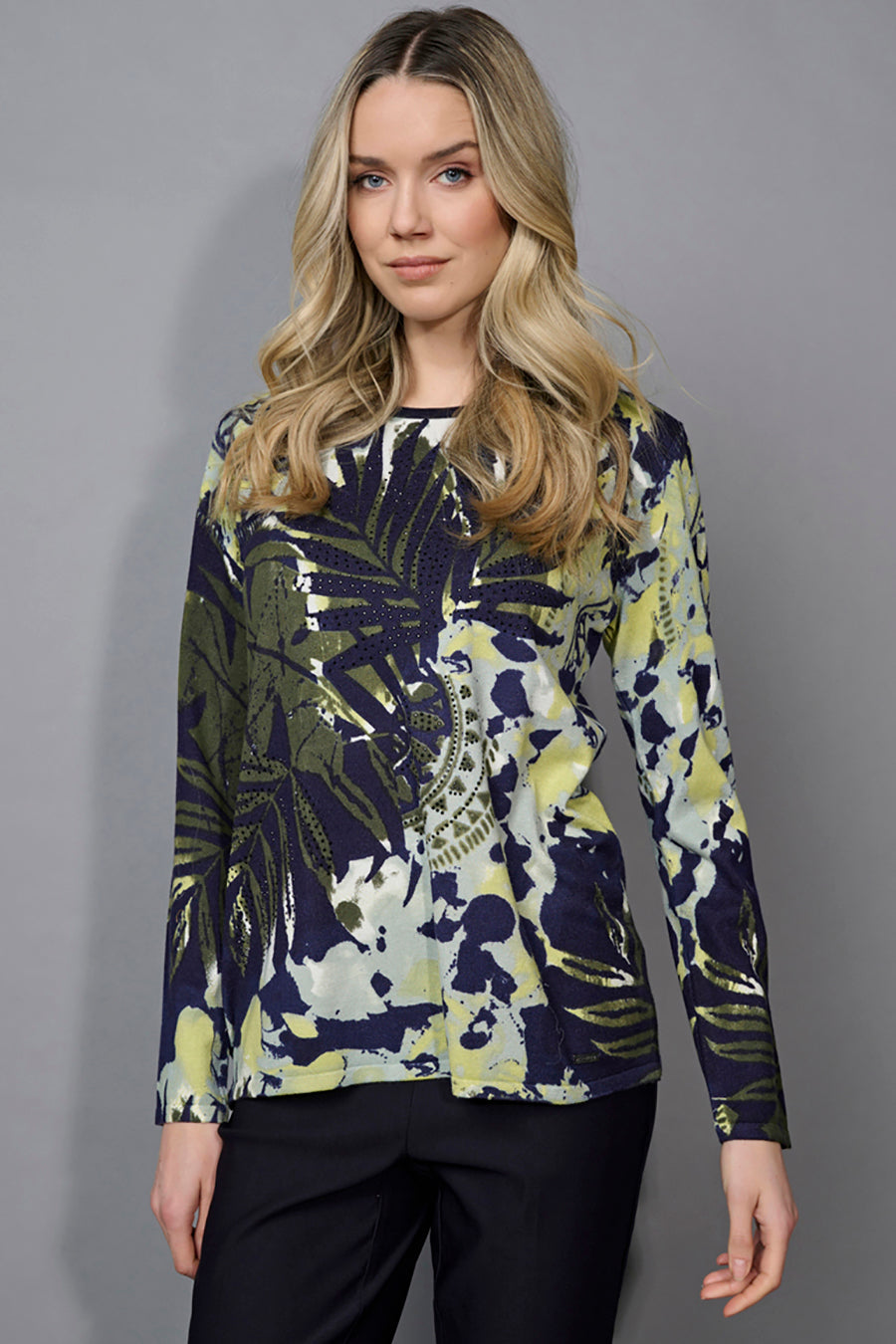 Embellished Crew-Neck Leaf-Printed Top