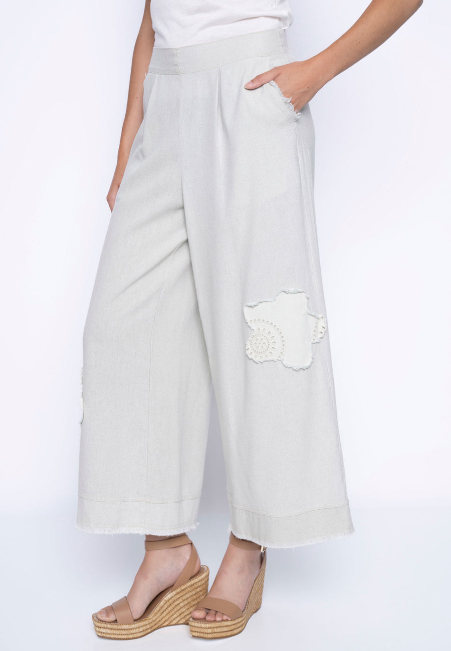 Faux Linen Embellished Wide-Leg Pants