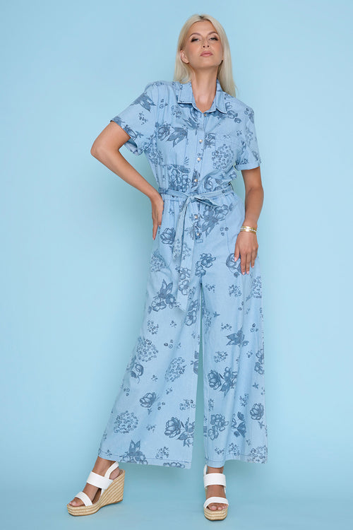 Short-Sleeve Jumpsuit With Waist Tie Front View