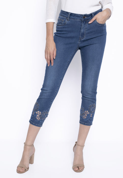 Rhinestone Cutout Embroidered Jeans Front View