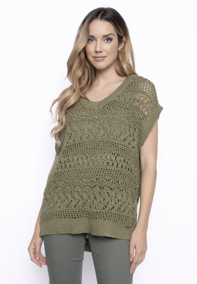 Open Knit V-Neck Top Front View