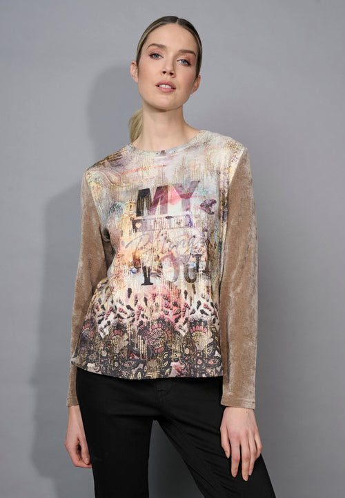 Solid Velvet Crew Neck Printed Knit Top Front View