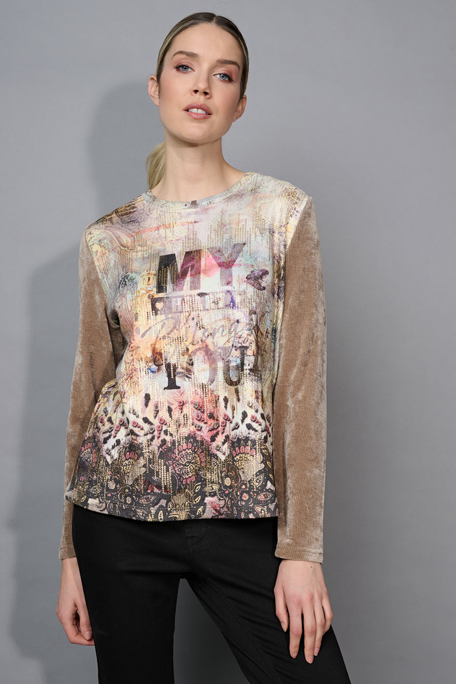 Solid Velvet Crew Neck Printed Knit Top