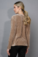 Solid Velvet Crew Neck Printed Knit Top