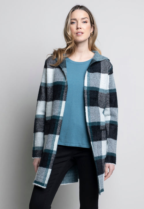 Plaid Hooded Cardigan Front View