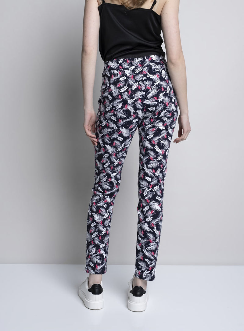 Flamingo Leaf Print Pull-on Straight Leg Pants