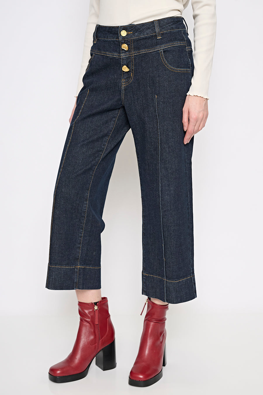 Gold Button Wide-Leg Cropped Jeans