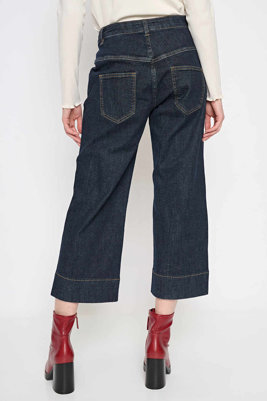 Gold Button Wide-Leg Cropped Jeans