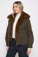 Fur-Trim Zip-Front Denim Jacket Front View