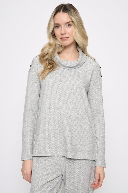 Button-Trim Draped Neck Top Front View