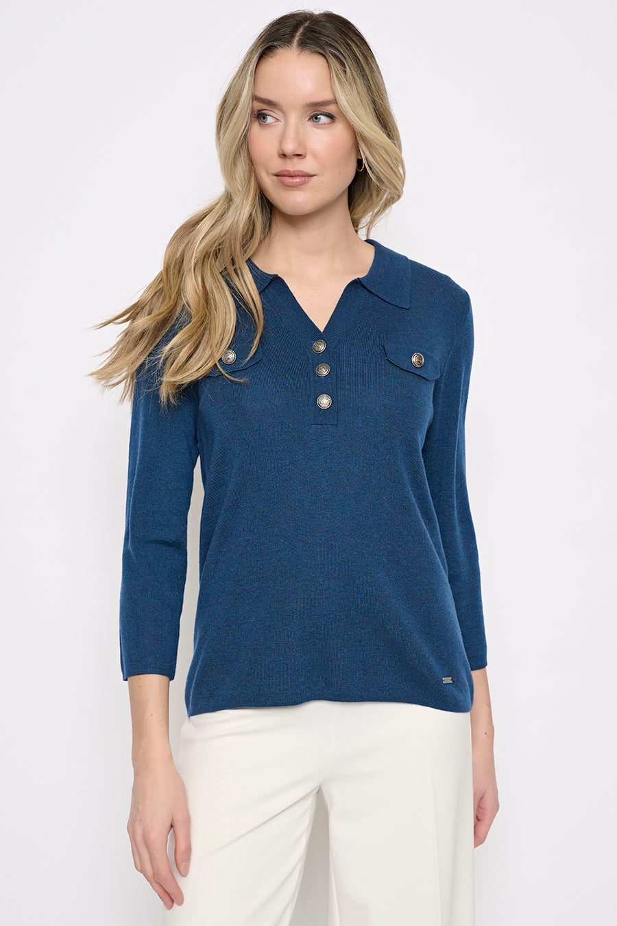 Johnny Collar Top with Metal Buttons Front View