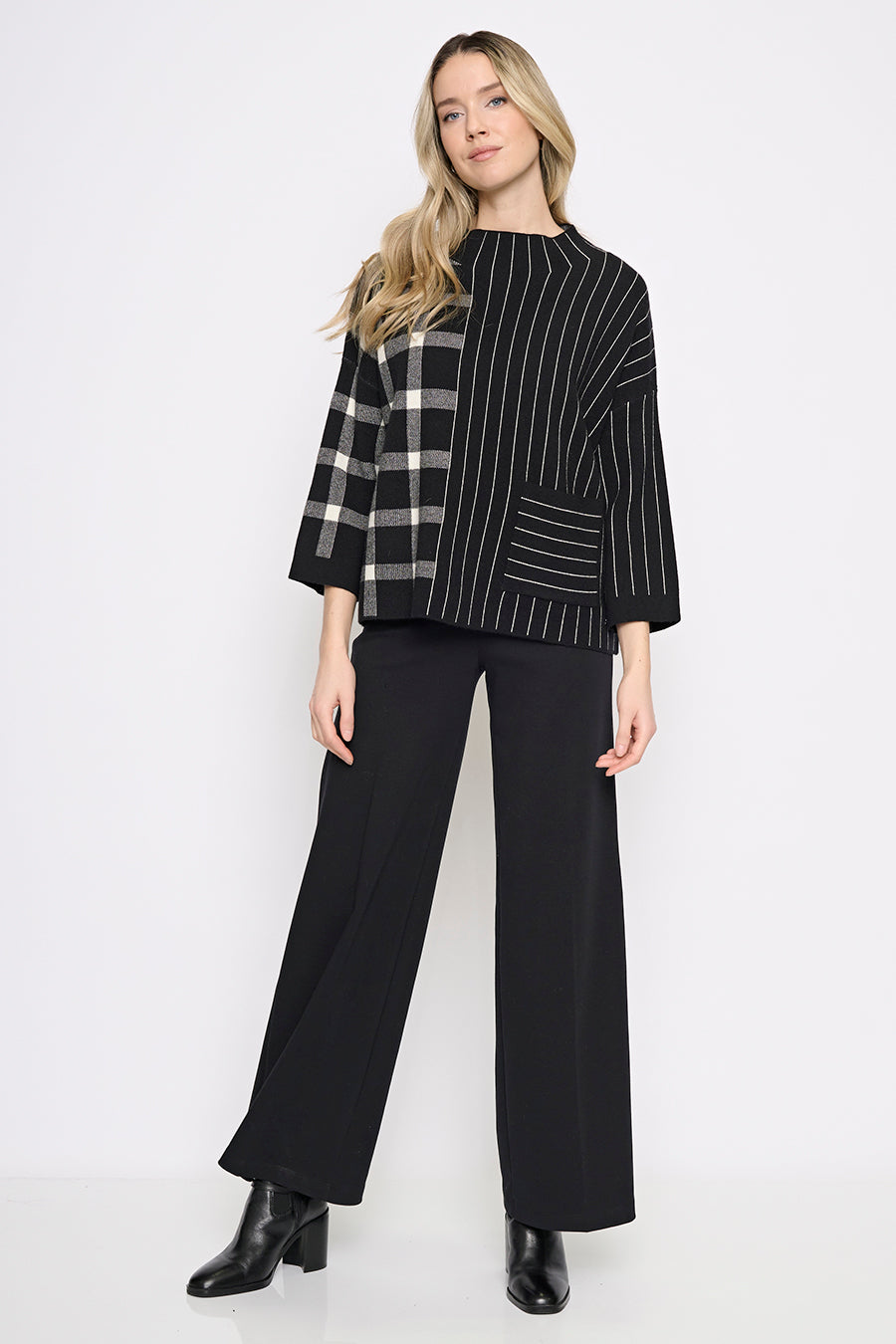 Plaid Stripe Funnel Neck Top Full Length