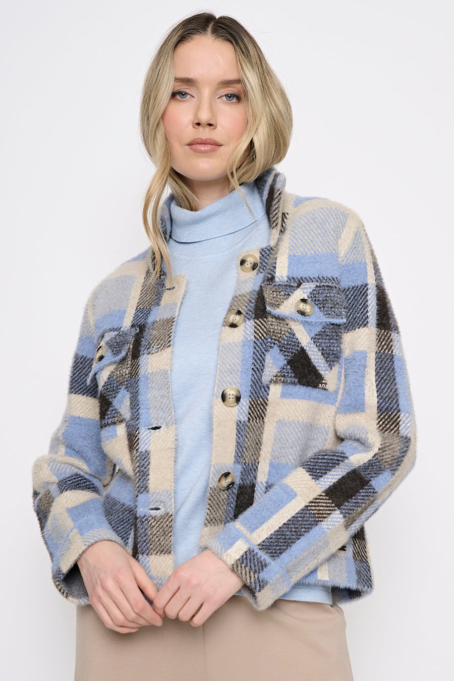 Button-Front Short Plaid Jacket Front View