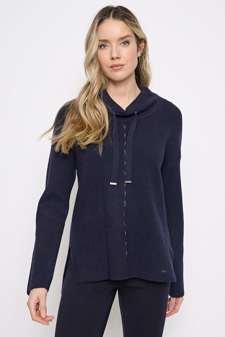 Embellished Drawstring Collar Top Front View