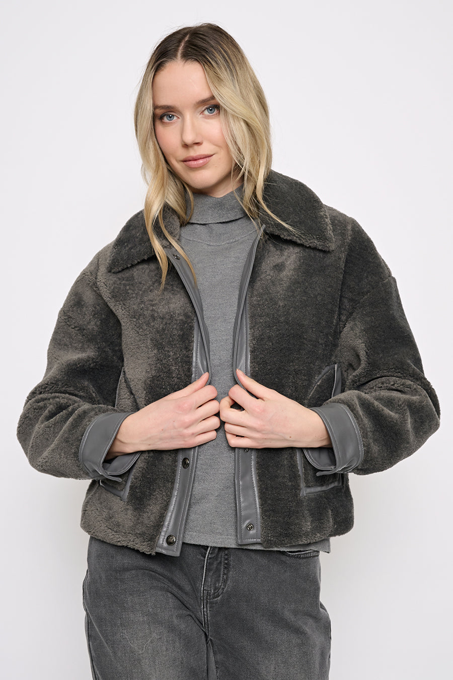 Polyurethane Trimmed Sherpa Jacket Front View