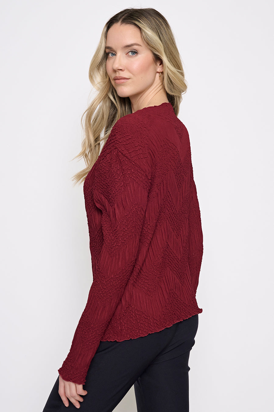 Lettuce-Edge Long-Sleeve Pleated Top Back View